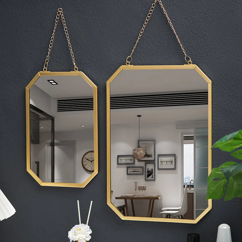 Miroir Mural Rectangulaire Doré à Suspendre avec Chaîne, Angles Coupés