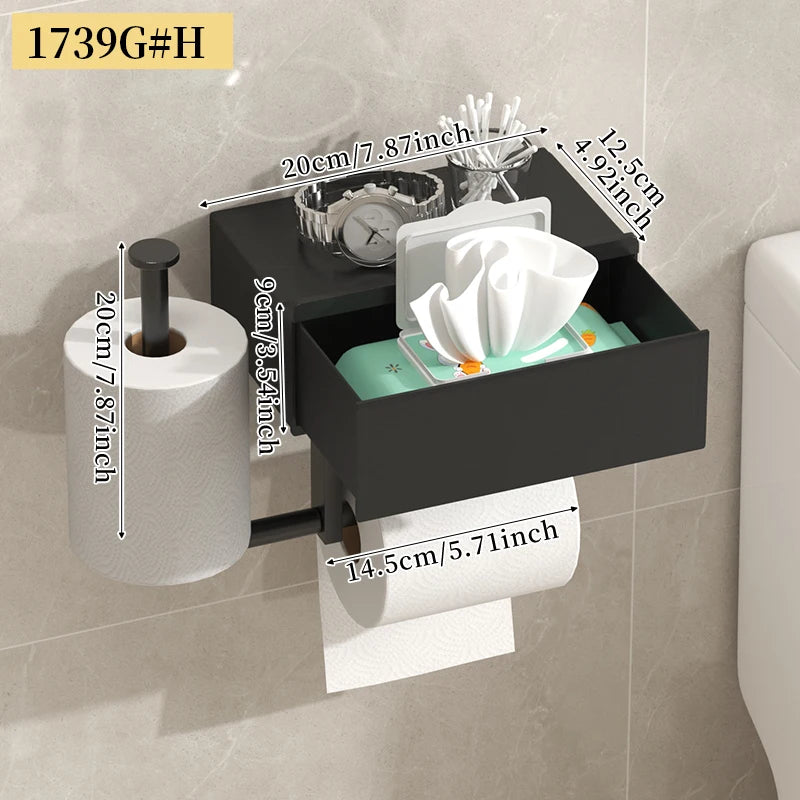 Porte-Papier Toilette avec Tiroir Lingettes et Étagère Sans Perçage Noir ou Blanc