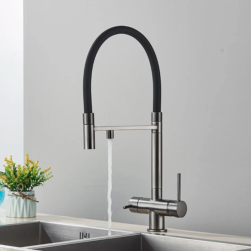 Mitigeur Cuisine 3 Voies Eau Filtrée Col Souple ou Ressort, 5 Finitions