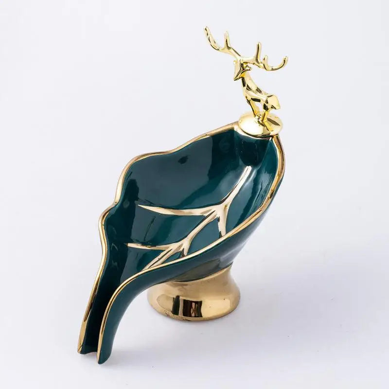 Porte-Savon Céramique en Forme de Feuille avec Cerf Doré, Blanc ou Vert