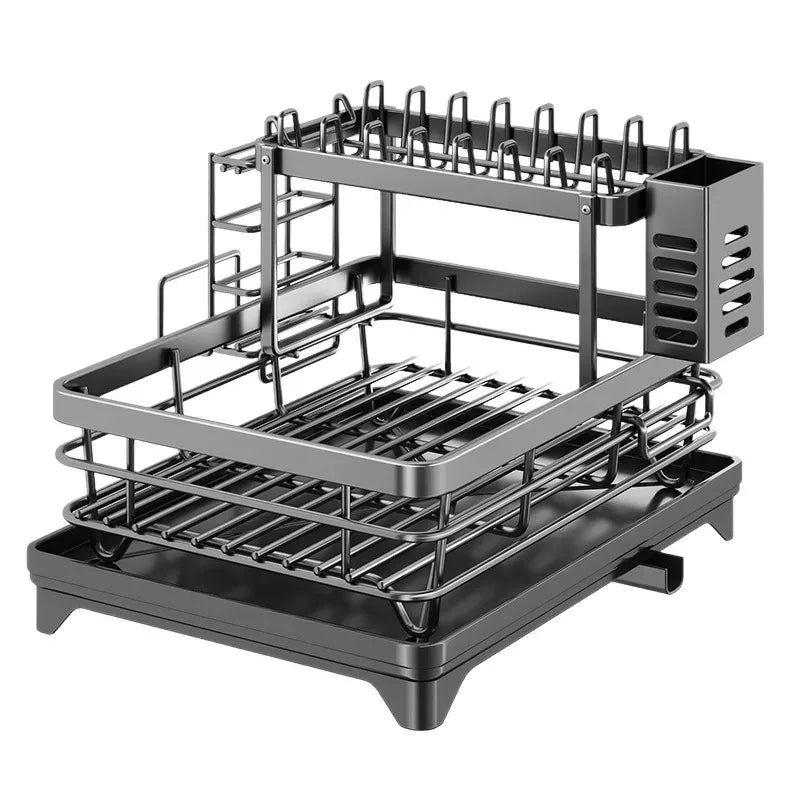 Égouttoir à Vaisselle 2 Niveaux Noir avec Porte-Planche et Porte-Baguettes