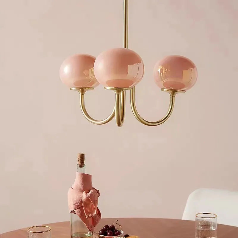 Suspension Cuisine Lustre Verre Rose, 3 ou 5 Têtes, Doré ou Chromé