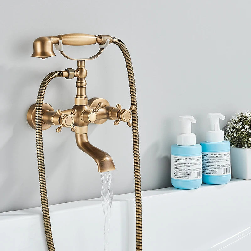 Robinet Baignoire Douche Rétro à Double Poignée, avec Douchette