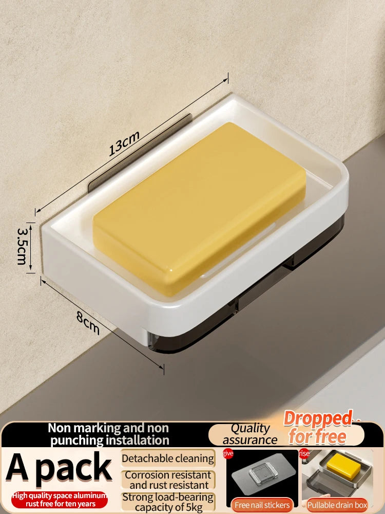Porte-Savon Mural Sans Perçage avec Bac Égouttoir Amovible 13 cm