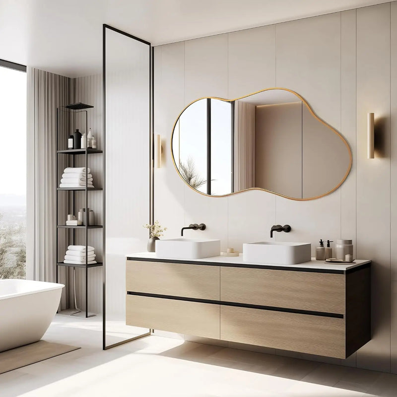 Miroir Mural Organique Cadre Métal Noir ou Doré 116 x 66 cm