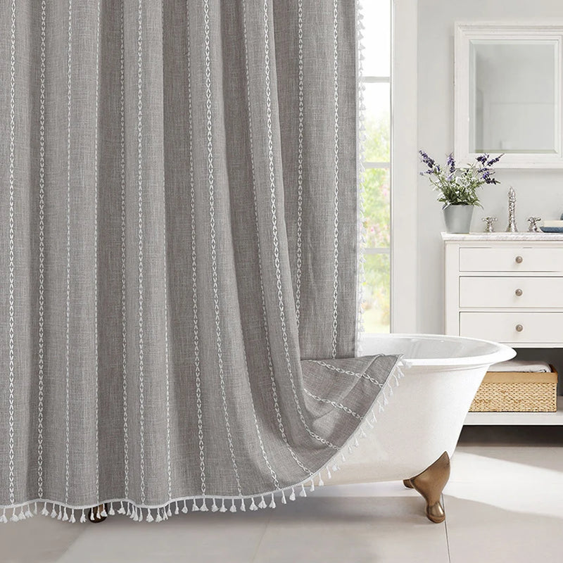Rideau de Douche en Lin Jacquard à Glands, 10 Coloris, 5 Dimensions