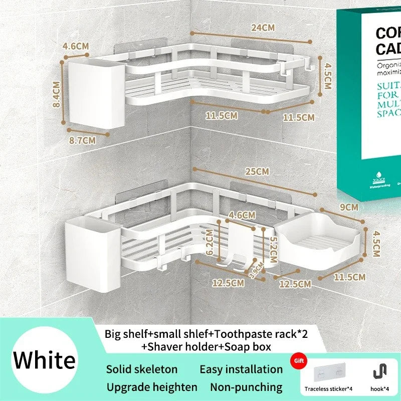 Étagère de Douche d'Angle Sans Perçage Noir ou Blanc, 2 Étagères et Accessoires