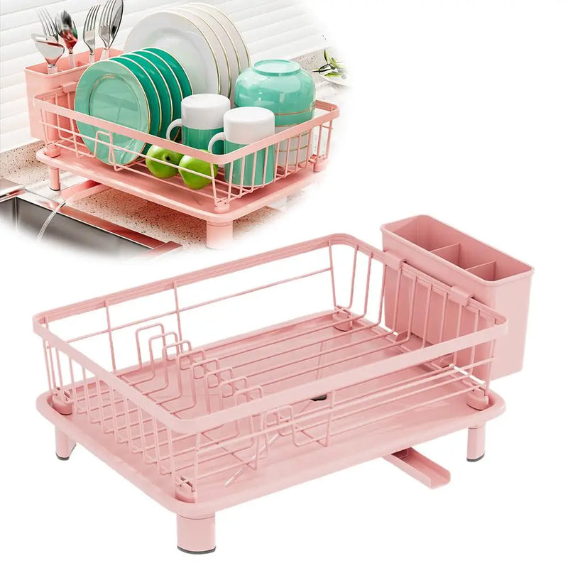 Égouttoir à Vaisselle Rose avec Porte-Couverts et Bec d'Écoulement