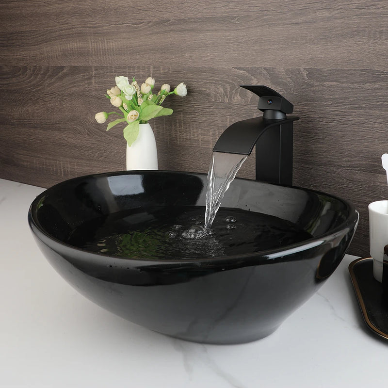 Vasque à Poser Ovale en Céramique avec Robinet et Bonde, 9 Décors