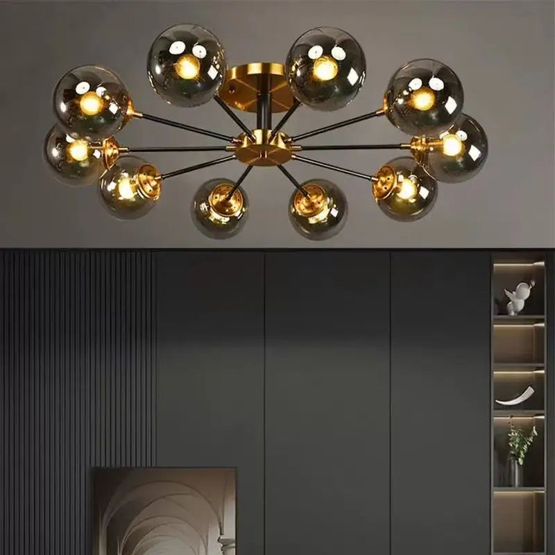 Plafonnier Cuisine Design à Globes en Verre 3 à 10 Lampes, Doré
