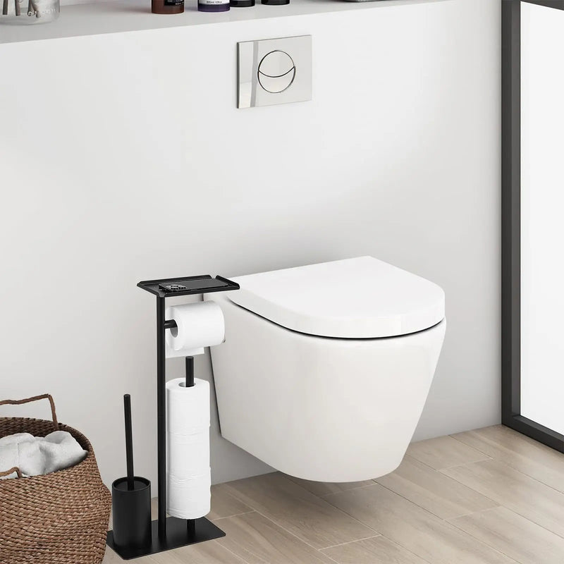 Porte-Papier Toilette sur Pied Noir avec Étagère, Option Brosse WC