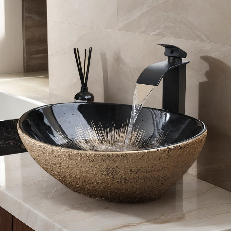 Vasque à Poser Ovale en Céramique avec Robinet et Bonde, 9 Décors