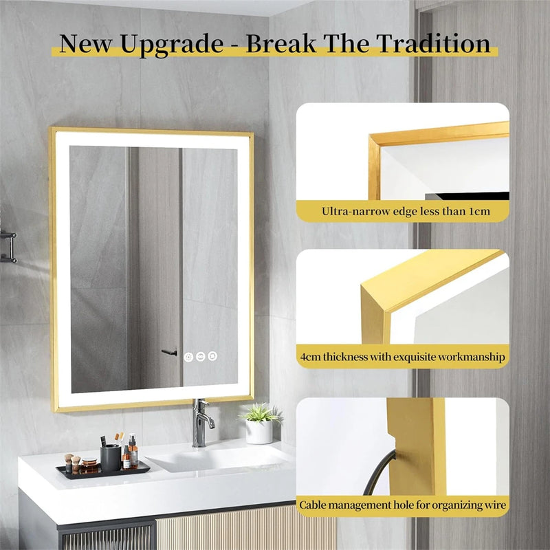 Miroir LED Salle de Bain Cadre Doré Anti-Buée Tactile, 80 à 120 cm