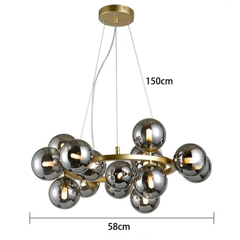 Lustre Suspension Cuisine Bulles de Verre, Cercle Doré, 15 à 25 Globes