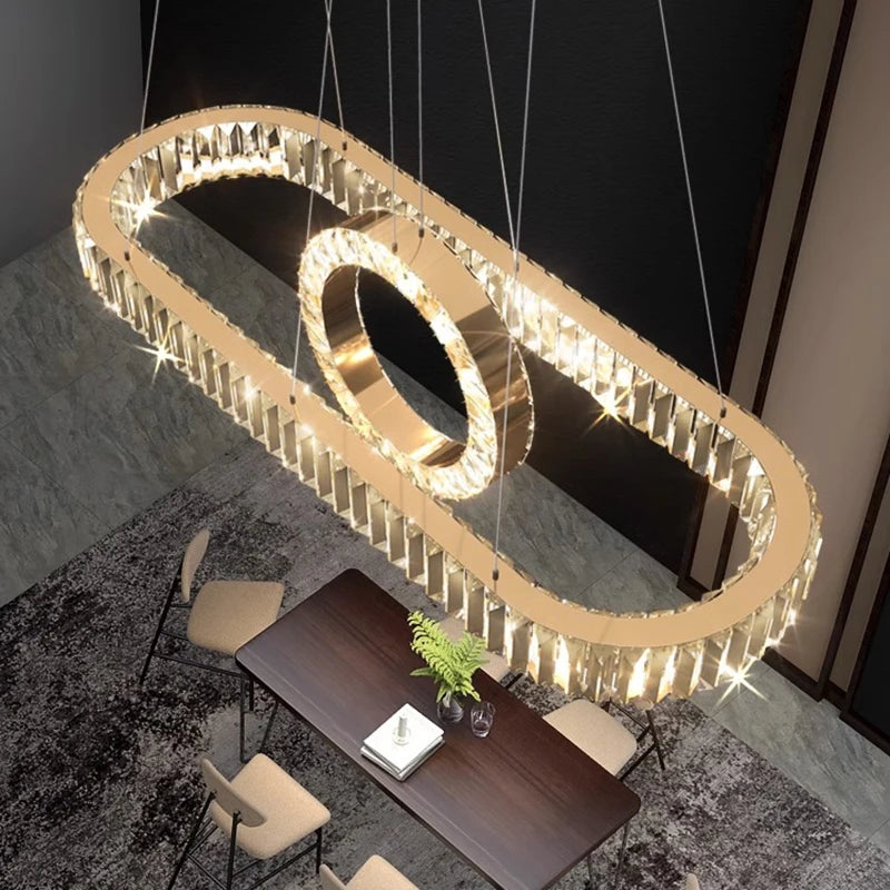 Suspension Cuisine LED Cristal Linéaire à Anneau, 90 à 150 cm