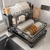 Égouttoir à Vaisselle 2 Niveaux Noir avec Porte-Planche et Porte-Baguettes