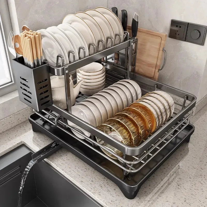Égouttoir à Vaisselle 2 Niveaux Noir avec Porte-Planche et Porte-Baguettes