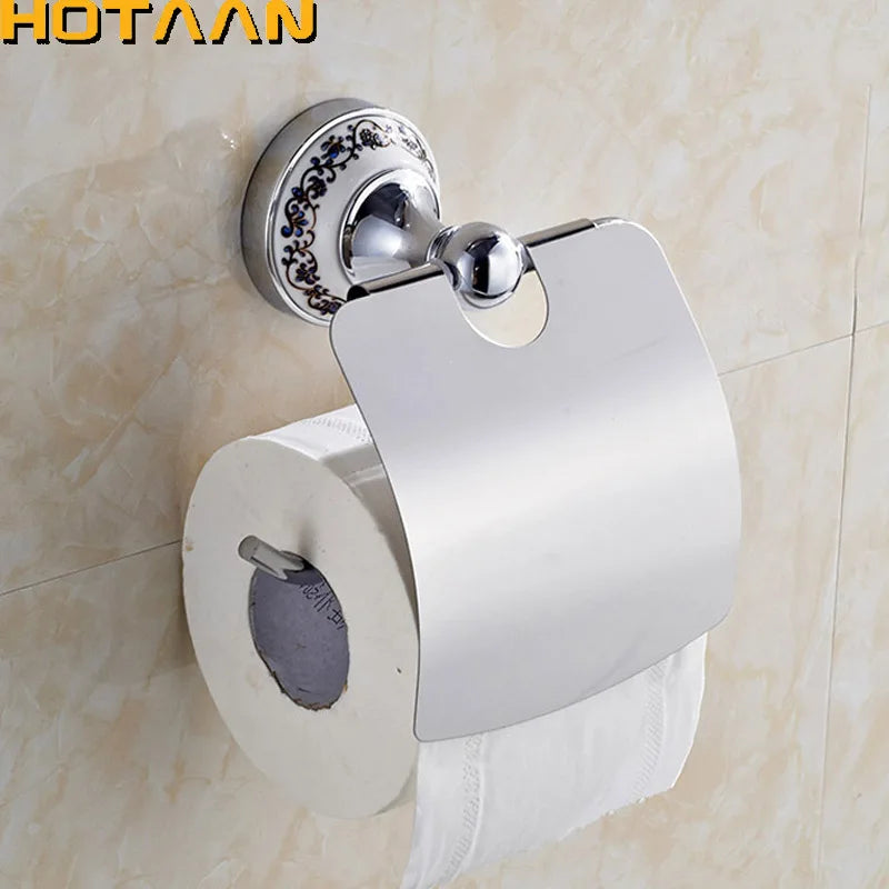 Porte-Papier Toilette Mural Chromé avec Couvercle, Rosace Bleu et Blanc