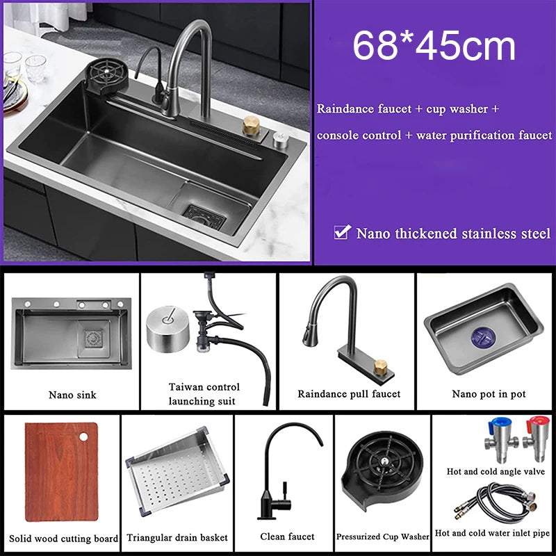 Évier de Cuisine Multifonction Cascade Noir avec Lave-Tasse