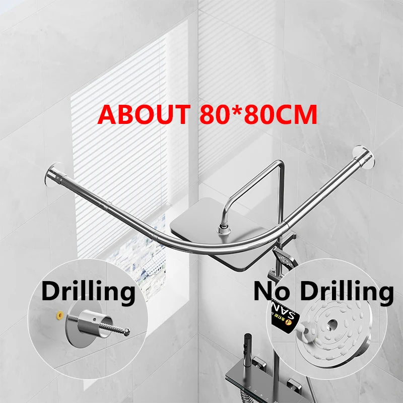 Barre Rideau de Douche d'Angle Inox Chromé, 80 à 130 cm
