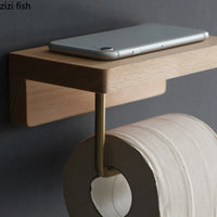 Porte-Papier Toilette Mural avec Étagère en Hêtre ou Noyer, Bras Doré, 18 ou 28 cm