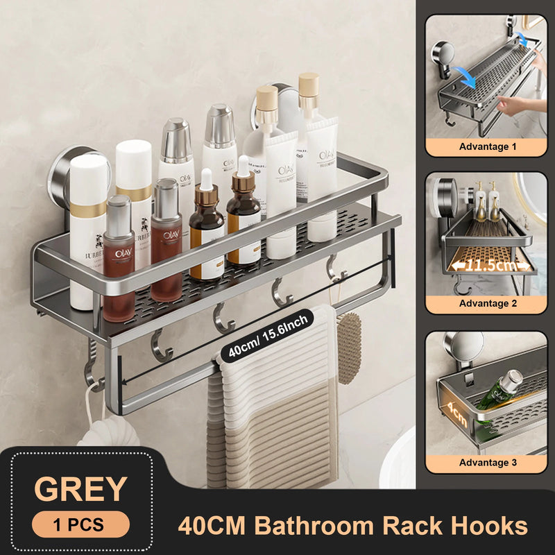 Étagère Salle de Bain à Ventouse Aluminium Gris, 30 à 50 cm
