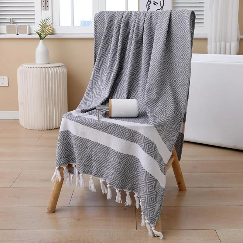 Serviette de Bain Coton Séchage Rapide à Franges 100 x 180 cm
