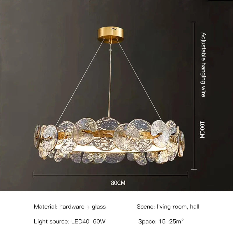 Lustre Suspension Cuisine Anneau LED Disques de Verre Doré, Ø 40 à 80 cm