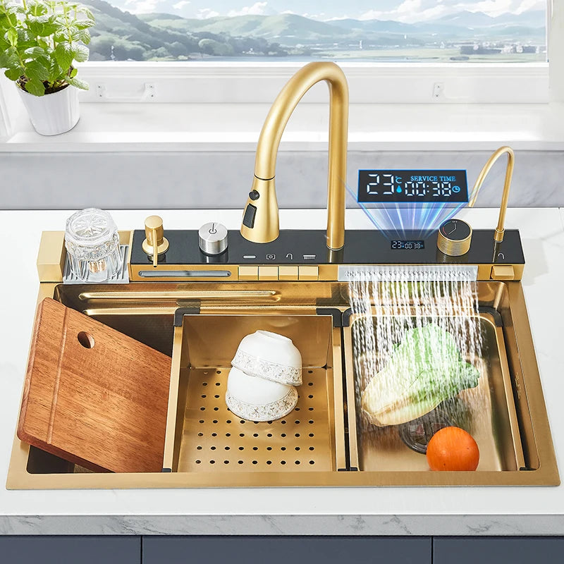 Évier de Cuisine Inox Cascade Multifonction avec Robinet Extractible, 60 à 75 cm