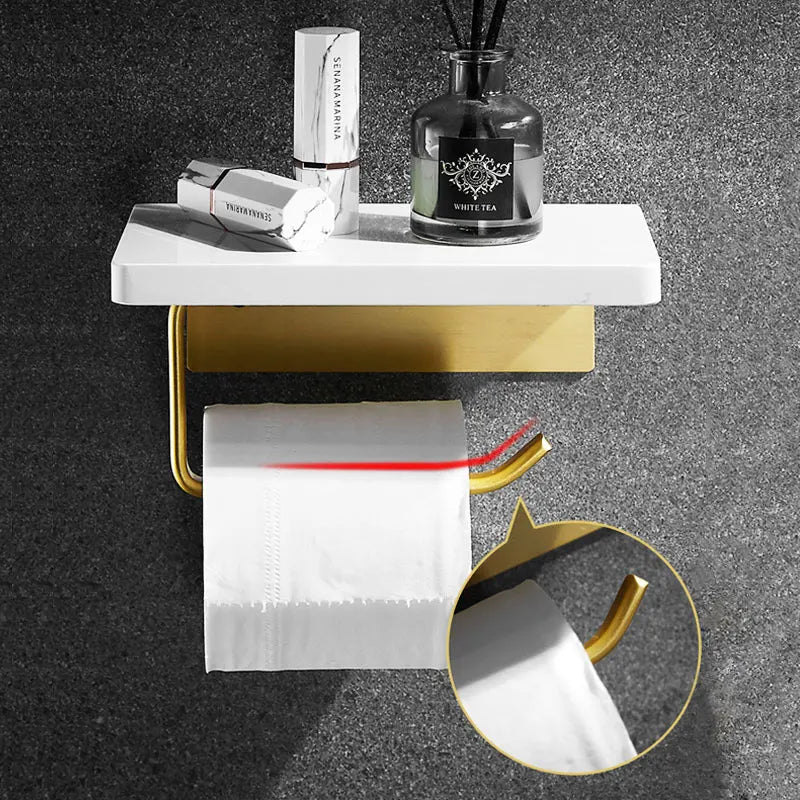 Porte-Papier Toilette Mural avec Tablette Marbre et Aluminium Doré