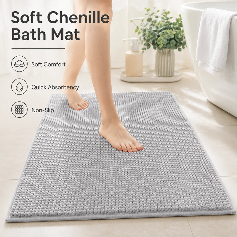 Tapis de Bain Chenille Gris Clair Antidérapant Absorbant, 2 Tailles