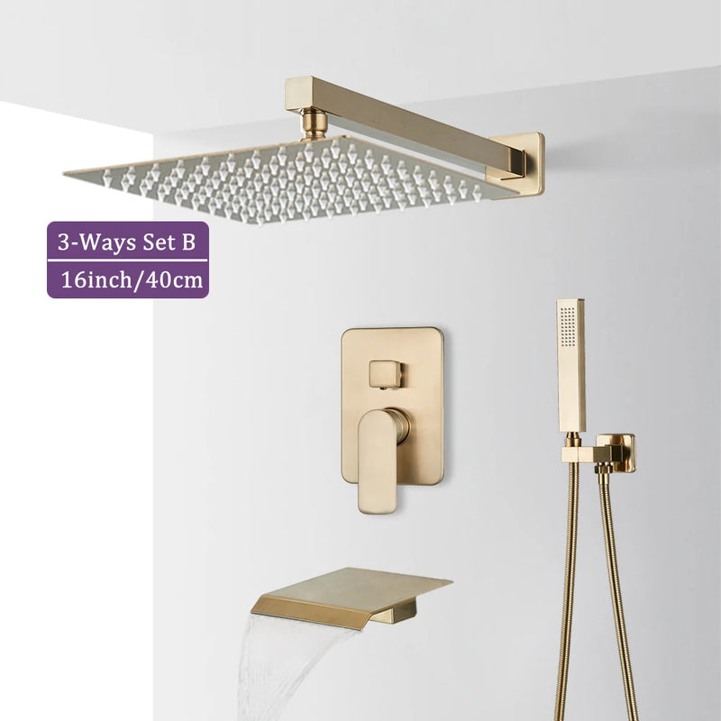 Douche Encastrable Or Brossé 2 ou 3 Voies, Pommeau Carré 20 à 40 cm