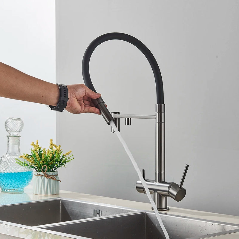 Mitigeur Cuisine 3 Voies Eau Filtrée Col Souple ou Ressort, 5 Finitions