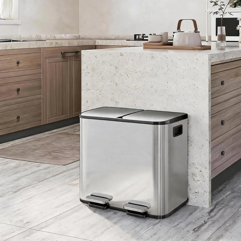Poubelle Cuisine Inox Argenté 2 Bacs 15 L, 2 Pédales, Fermeture Douce