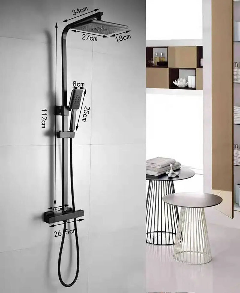 Colonne de Douche Thermostatique Noire, Pommeau Pluie 27 x 18 cm