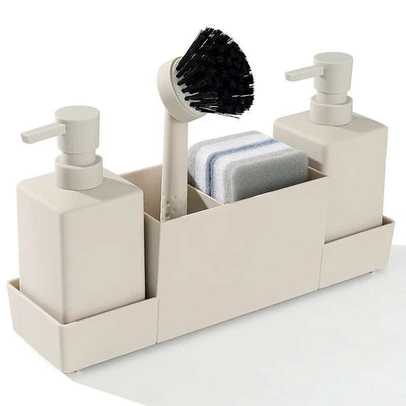 Distributeur de Savon Cuisine Double avec Plateau, Porte-Éponge et Brosse