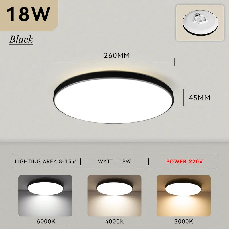 Plafonnier LED Salle de Bain Rond Ultra Plat IP65, Noir ou Blanc