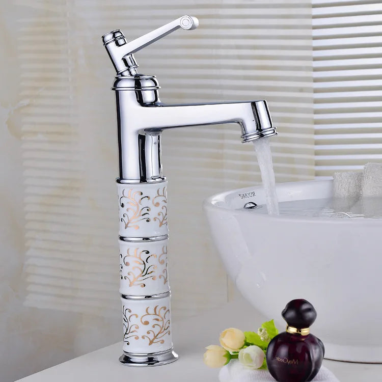 Mitigeur Lavabo Haut Céramique Blanche Motif Doré