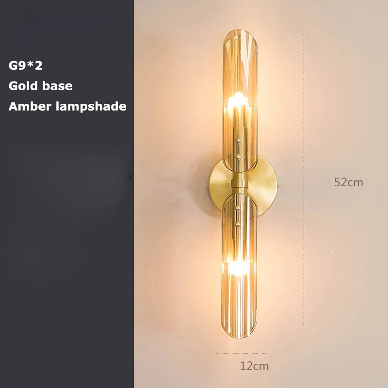Applique Murale Verre Double Tube G9, Support Noir ou Doré, 52 cm