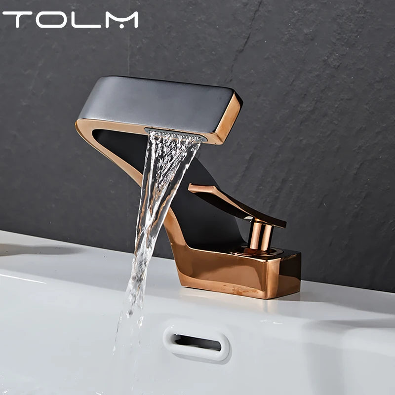 Mitigeur Lavabo Cascade Incliné Laiton, Bec Plat 12,6 cm, 9 Finitions