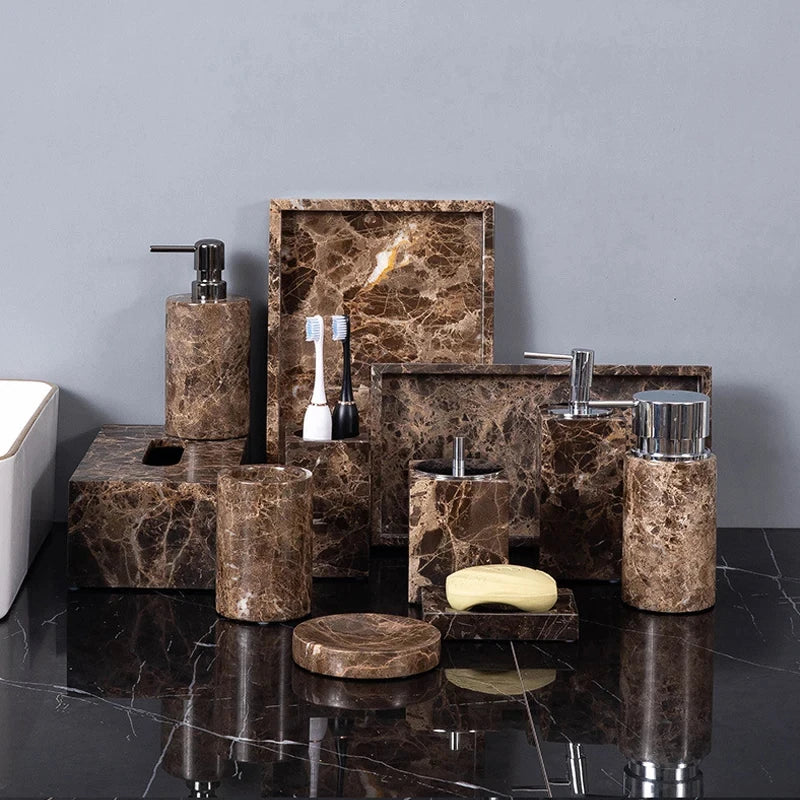 Accessoires Salle de Bain Marbre Marron Foncé à la Pièce, 9 Articles