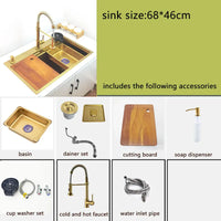 Évier Cuisine Inox 304 Doré Brossé 1 Bac Multifonction, 68 ou 75 cm
