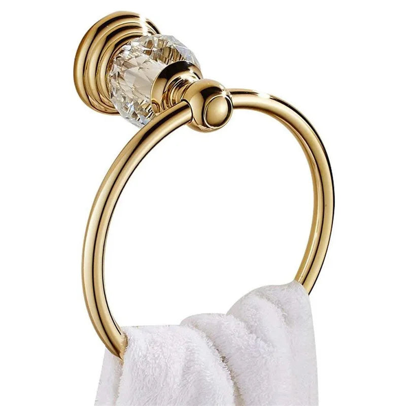 Accessoires Salle de Bain Laiton Poli Or et Cristal à la Pièce, 4 Articles