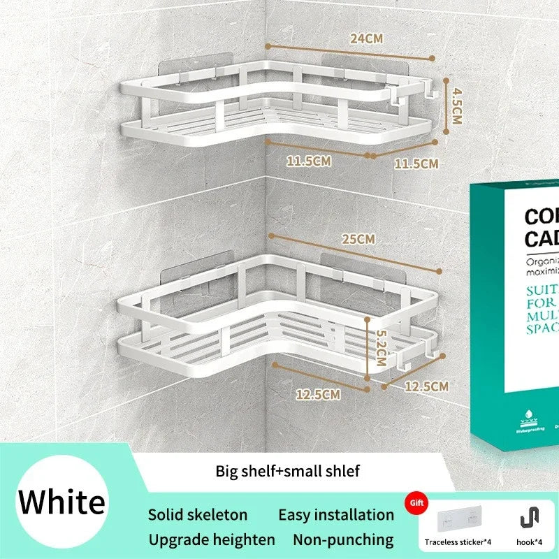 Étagère de Douche d'Angle Sans Perçage Noir ou Blanc, 2 Étagères et Accessoires