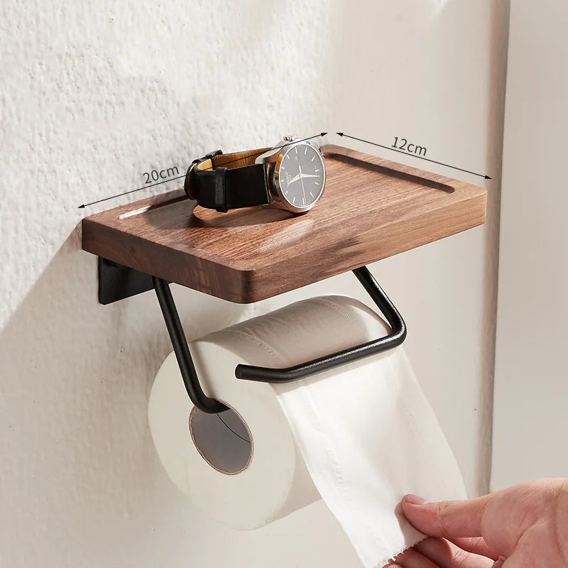 Porte-Papier Toilette Mural avec Tablette en Bois, Noir ou Blanc, 16 à 30 cm
