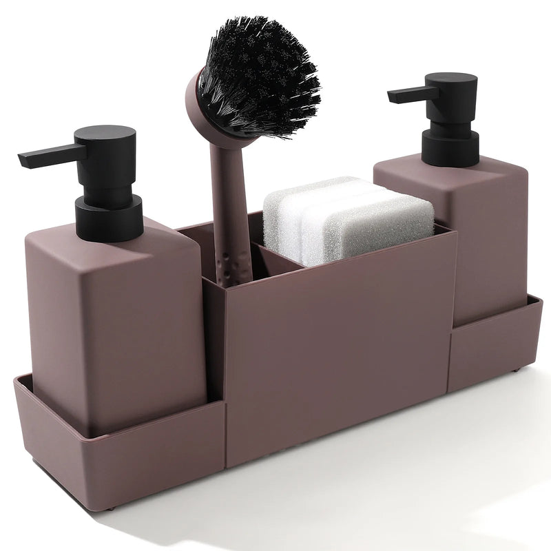 Distributeur de Savon Cuisine Double avec Plateau, Porte-Éponge et Brosse
