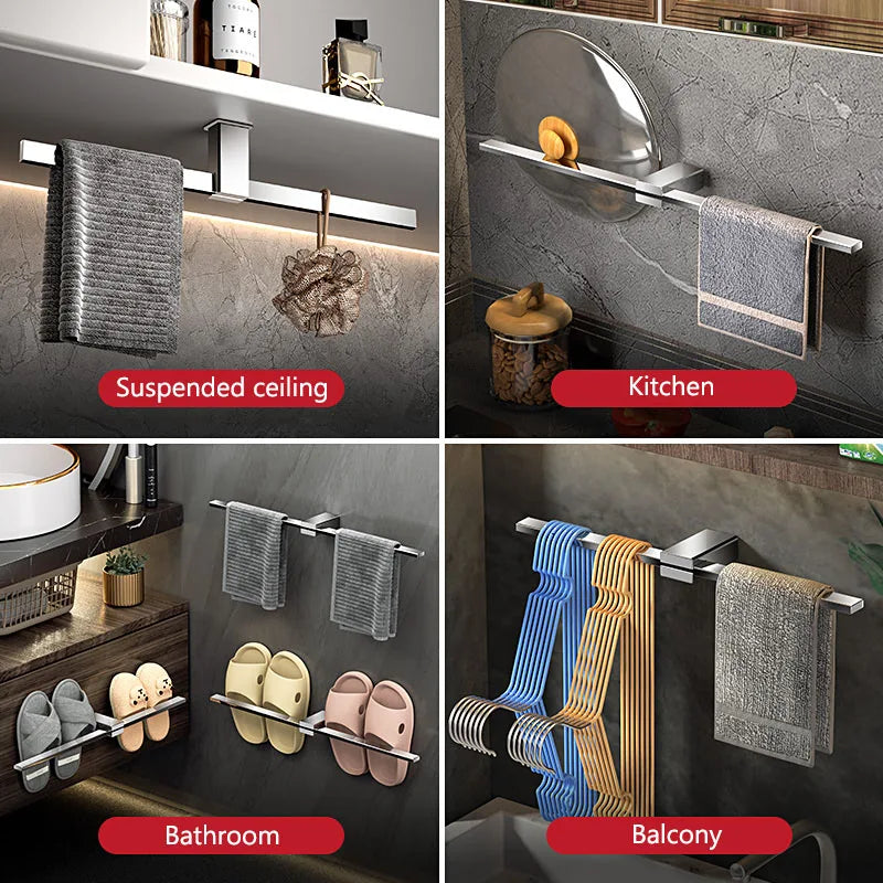 Porte-Serviette Mural Barre Plate Inox 304, 3 Finitions, 30 à 60 cm