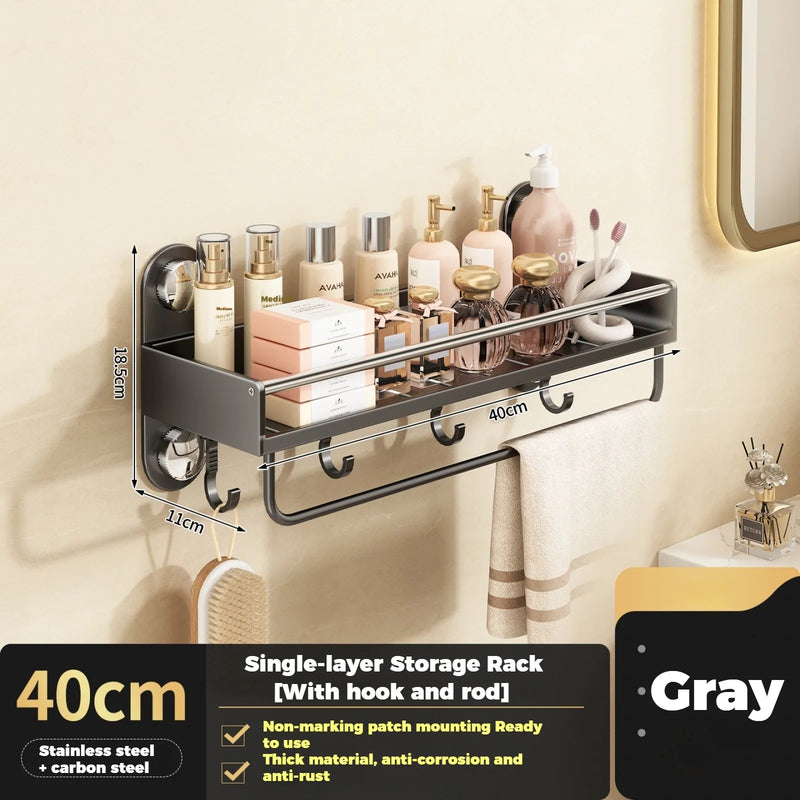 Étagère Salle de Bain Inox Gris Anthracite, Sans Perçage, Barre en Option