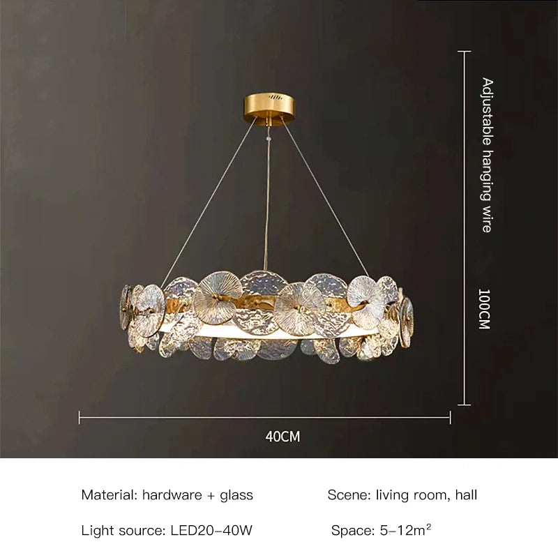 Lustre Suspension Cuisine Anneau LED Disques de Verre Doré, Ø 40 à 80 cm