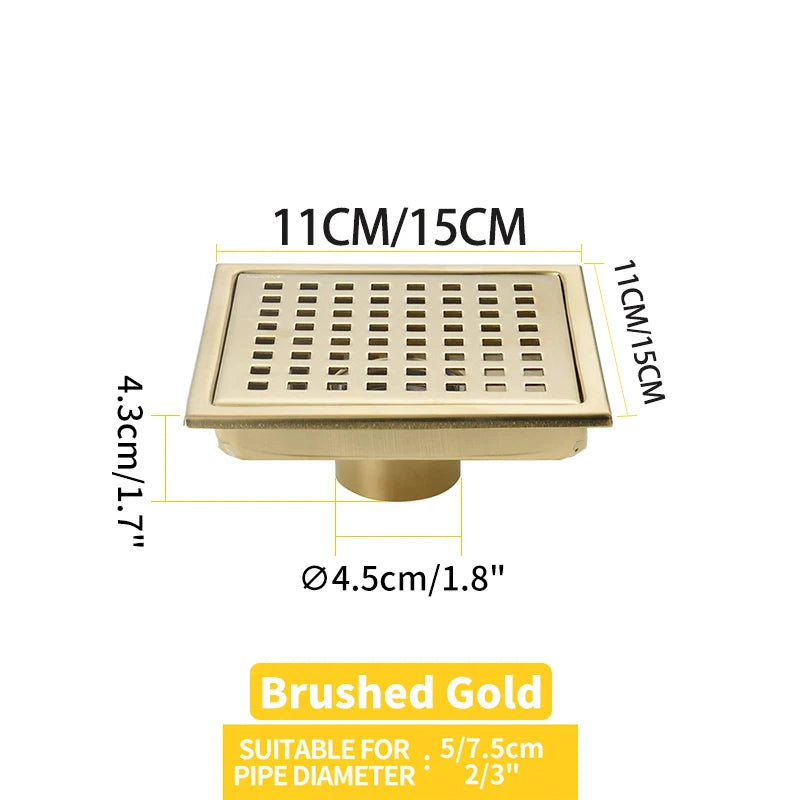 Caniveau de Douche Carré Anti-Odeur Inox 304, Grille 11 ou 15 cm